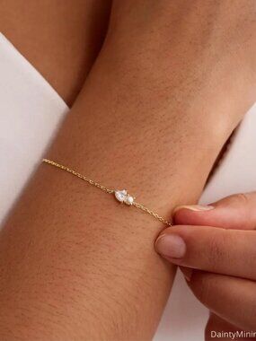 Minimalist Pearl Bracelet with CZ Diamond, Tiny 14K Gold Plated Bridal Bracelet